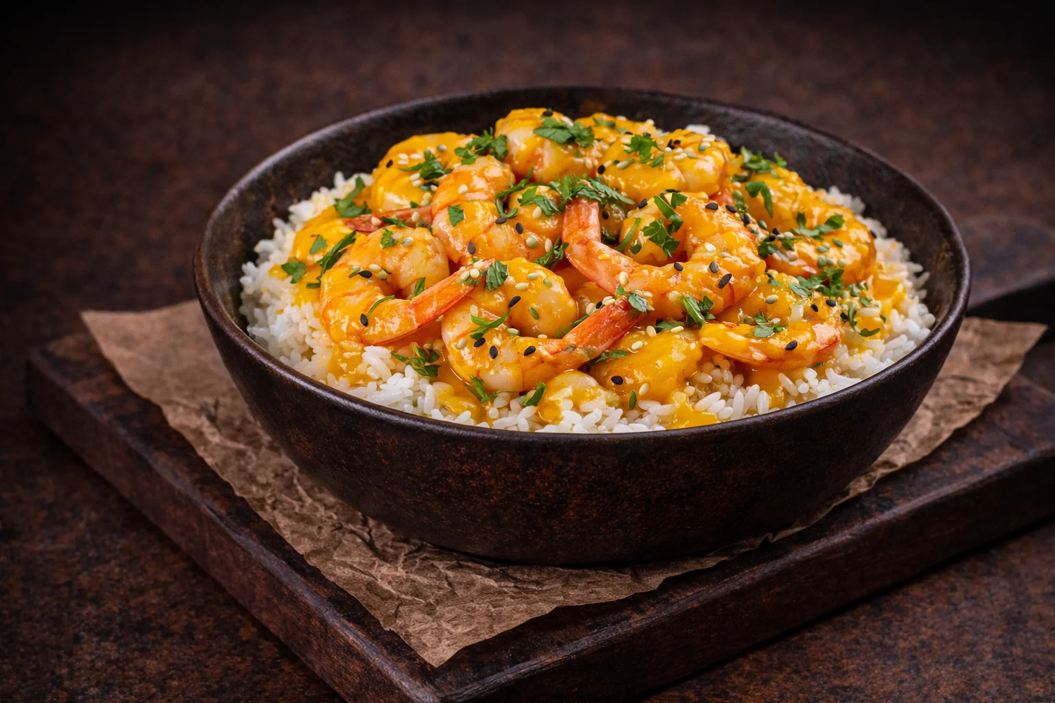 Креветки в соусе манго с рисом